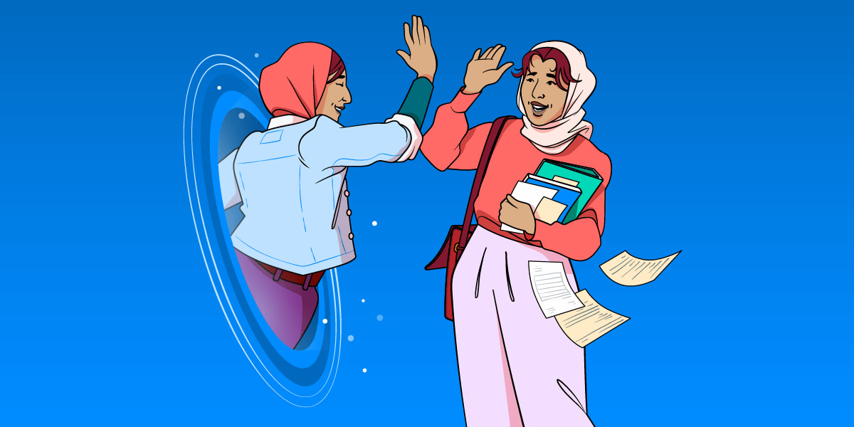 Woman carrying papers giving a high five to a future version of herself coming through a portal.