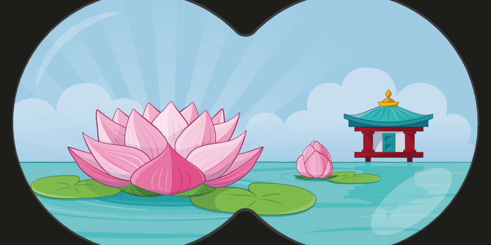 A peaceful Japanese garden as seen through a pair of binoculars.