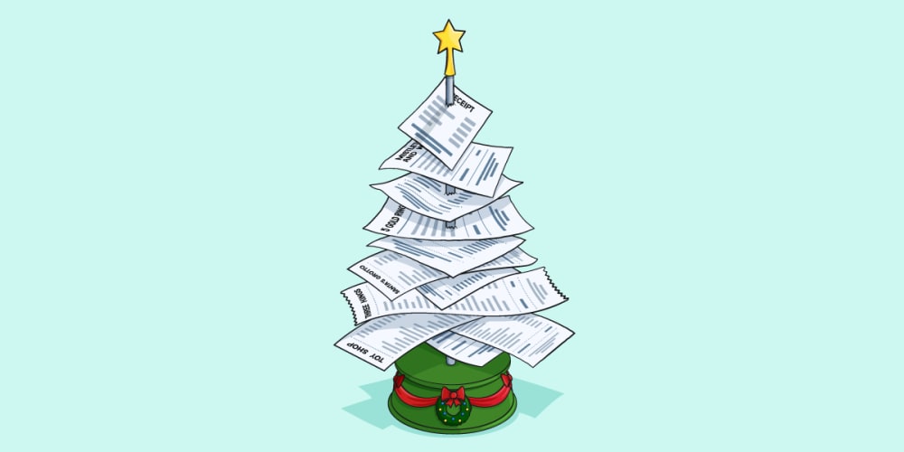 Illustration of a Christmas-themed receipt spike that forms the shape of a Christmas tree.
