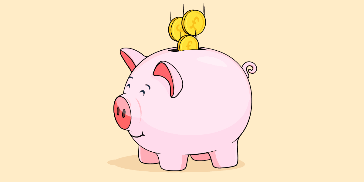 Happy piggy bank with money coming in