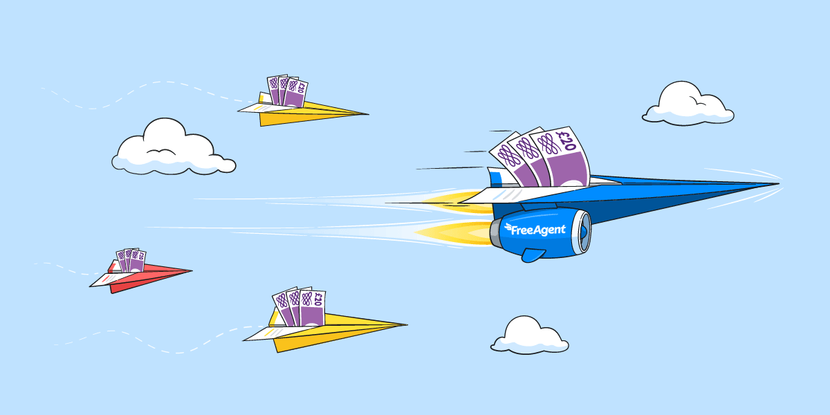 Paper planes carrying money being overtaken by a paper plane with FreeAgent-branded rocket boosters.