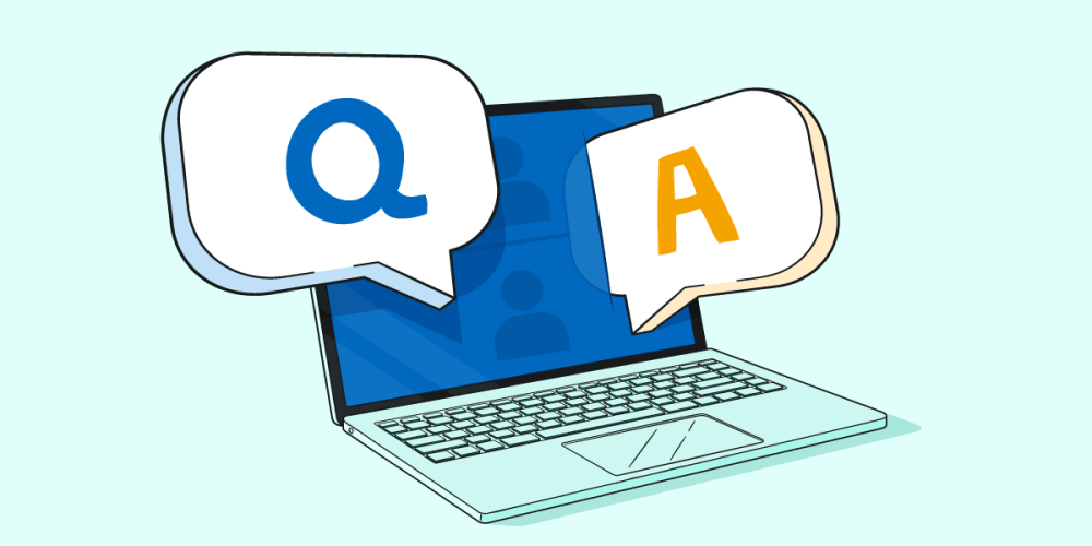 A laptop with two speech bubbles emerging from the screen saying Q and A