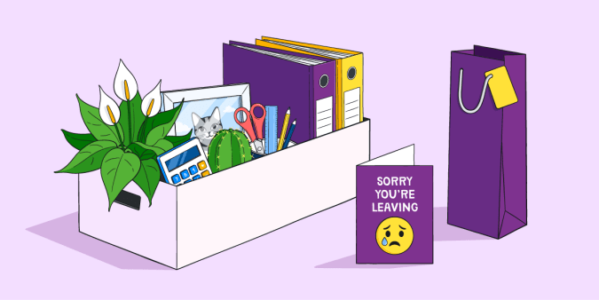 An illustration of a box of things from a desk and a 'sorry you're leaving' card with a sad emoji face on it.