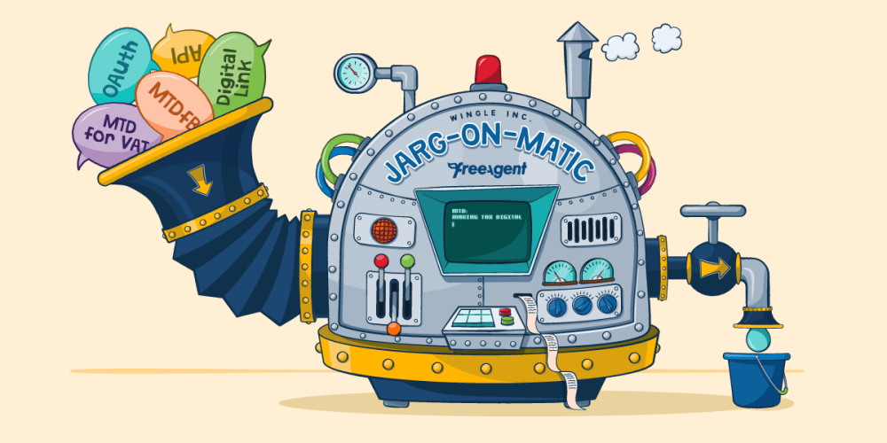 A jarg-on-matic machine with speech bubbles containing MTD phrases entering on one side