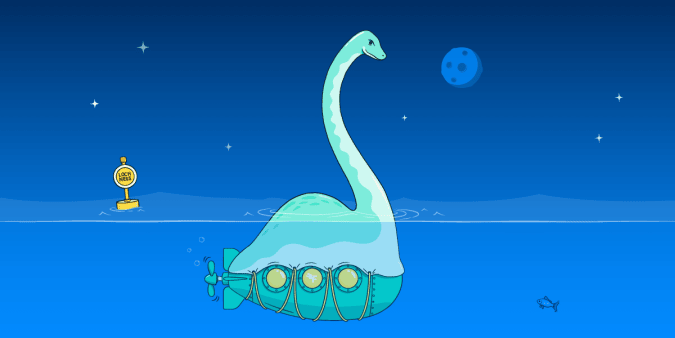 An illustration of the “Loch Ness Monster”... But below the water, it is revealed to be a submarine in disguise.