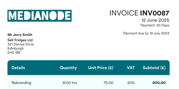The customised header of an invoice.