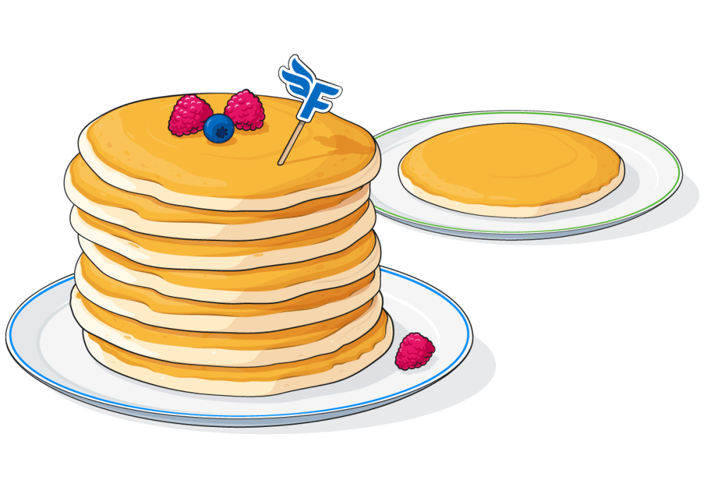 A stack of pancakes on a plate topped with berries and a FreeAgent logo.