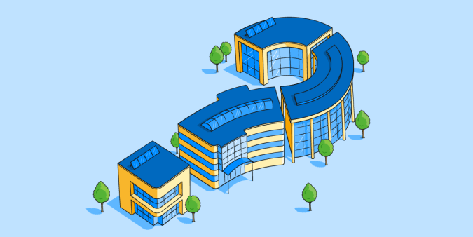 A large office block in the shape of a question mark.