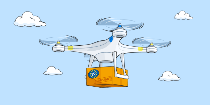 Drone carrying a package with a stamp showing it to be ‘EU compliant’.