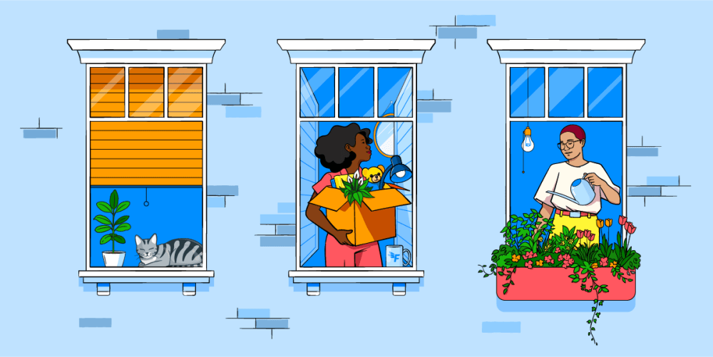Three windows: one with a cat sitting in it; one with a woman carrying a moving box; and one with someone watering plants in a window box.
