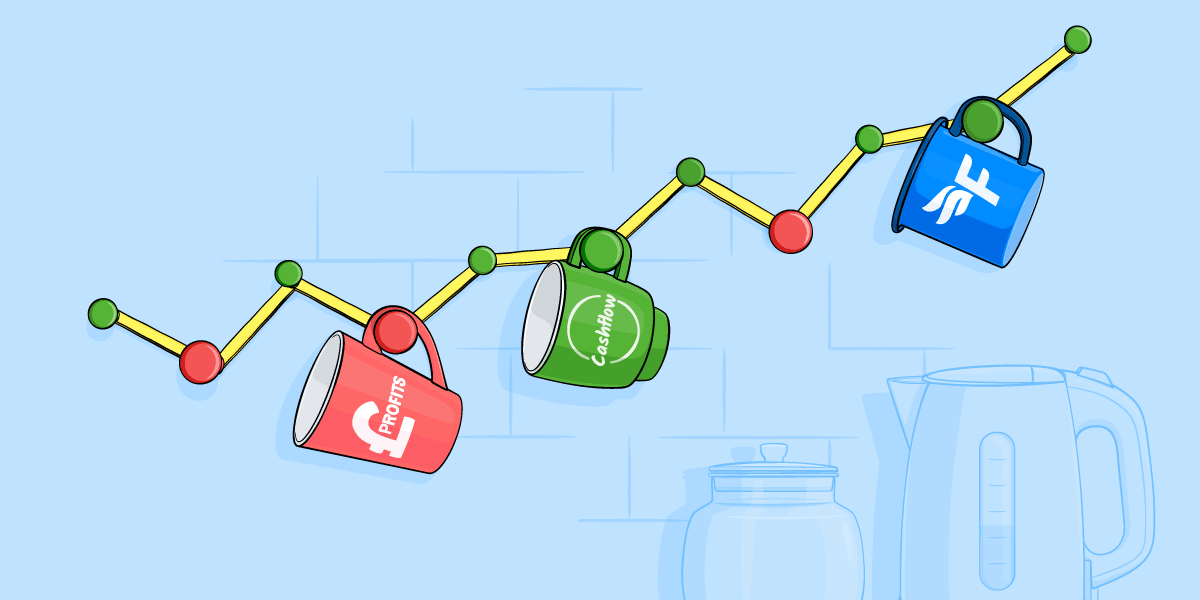 Illustration of assorted mugs hanging on a wall-mounted mug rack in the shape of a rising line chart. 