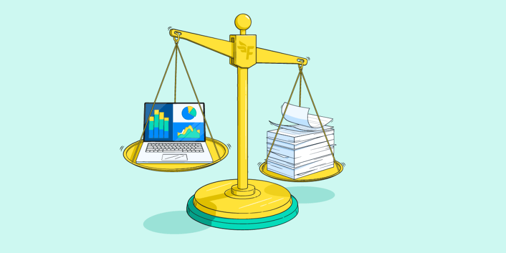 Balance scales weighing accounting software on a laptop against a stack of paperwork.