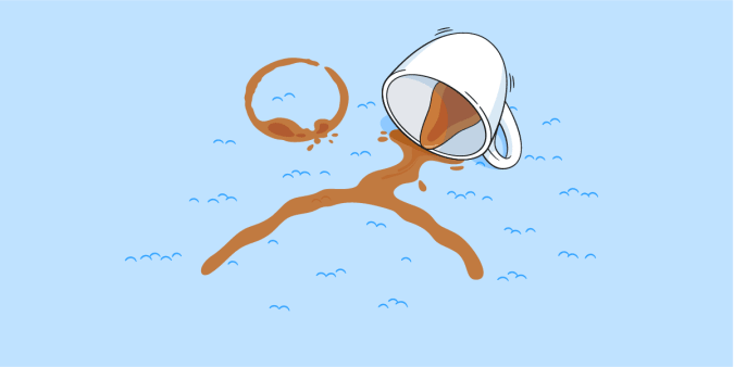 Spilled coffee in the shape of a sad face emoji on a carpet. 