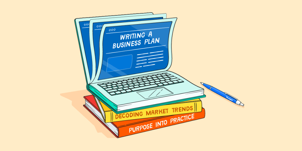 A laptop sits on top of two books saying “decoding market trends” and “purpose into practice”.