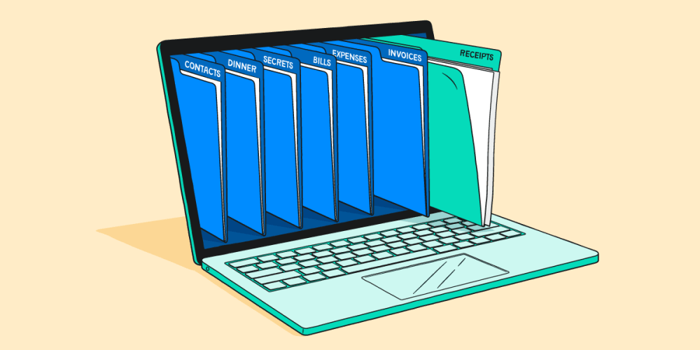 Illustration of a laptop with files extending out of the screen like a filing cabinet.