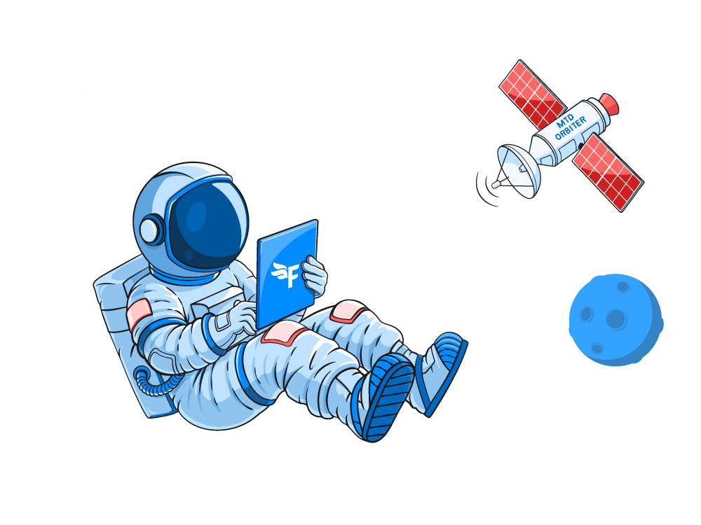 Illustration of an astronaut floating in space using a FreeAgent tablet. 
