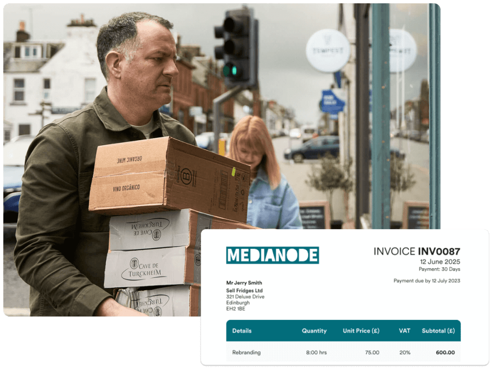 A man carrying boxes of stock into a shop, with an invoice graphic overlaid on the image.