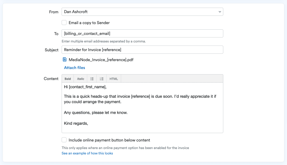 Screenshot of an invoice reminder template in FreeAgent.
