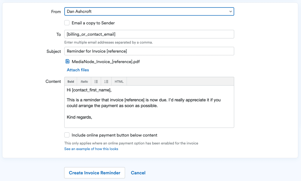 Screenshot of an invoice reminder template in FreeAgent.