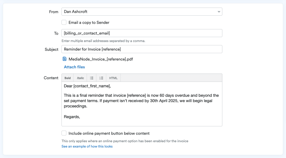 Screenshot of an invoice reminder template in FreeAgent.