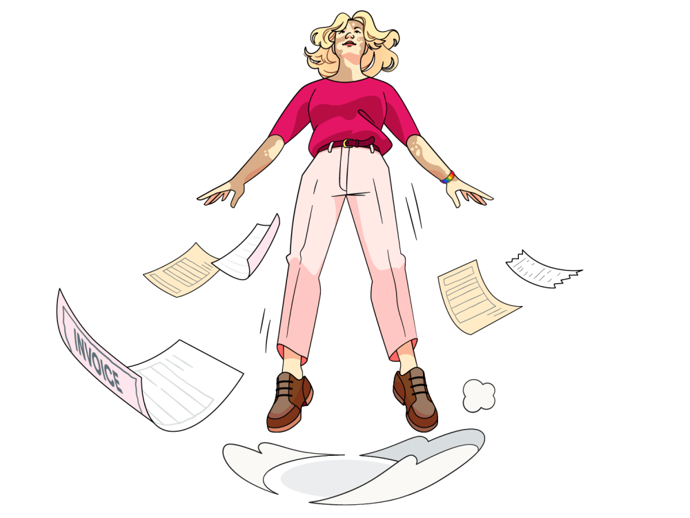 A woman flying upwards away from some paper invoices.