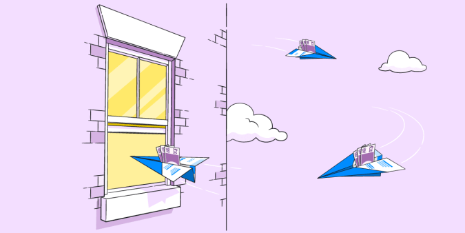 Paper planes carrying money flying through an open window.