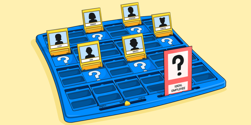 A guess who game board with mystery candidates and an ‘ideal employee’ card