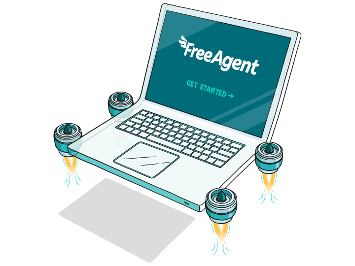 Laptop with four jet boosters hovering in midair