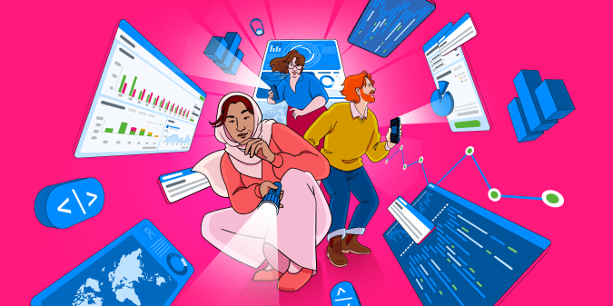  Three people with torches against a backdrop of digital technology.