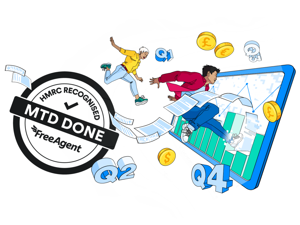 Two people jumping over an MTD Done stamp into a tablet screen