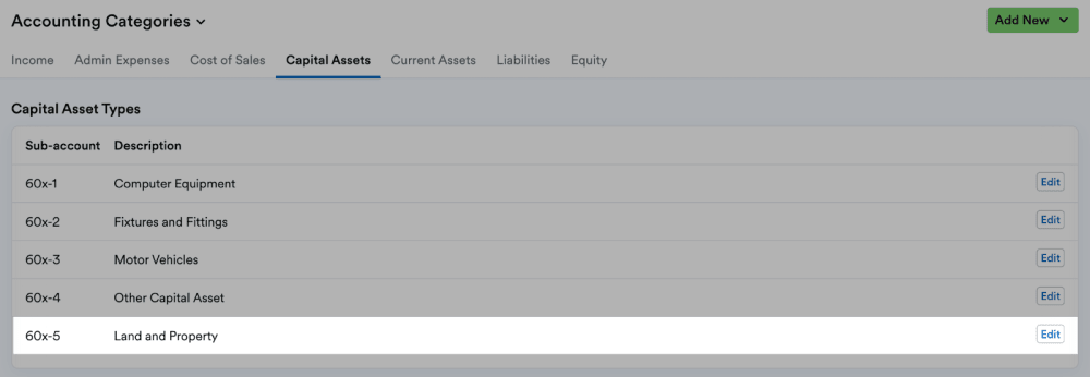 New default nominal code for Land and Property listed in Capital Asset Types.