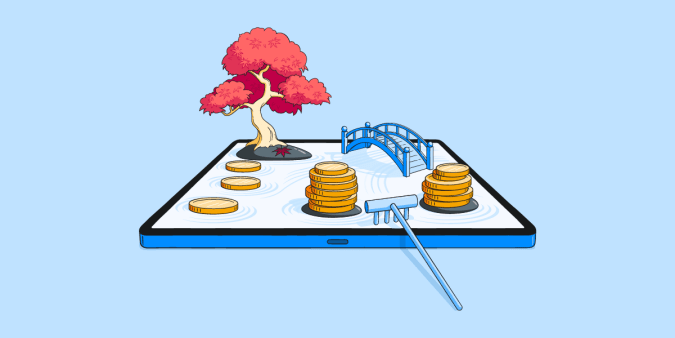 A zen garden on a tablet screen with a bonsai tree and bridge and stepping stones and stacks made of coins.