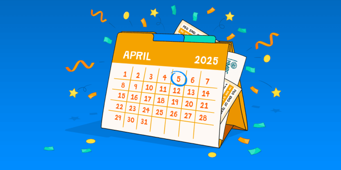 Calendar showing April 2025 with the 5th circled and confetti exploding behind it.