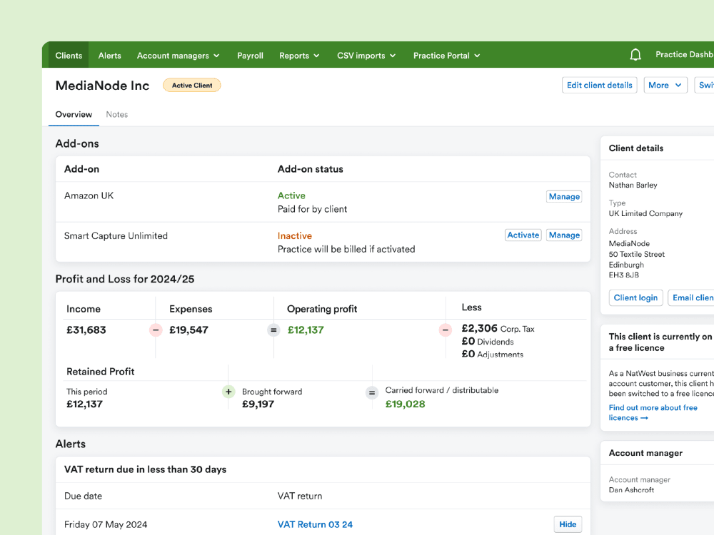 The Practice Dashboard showing a client summary, including profit and loss.