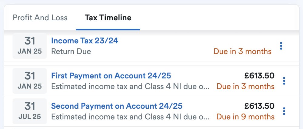 Screenshot of the Tax Timeline feature in FreeAgent