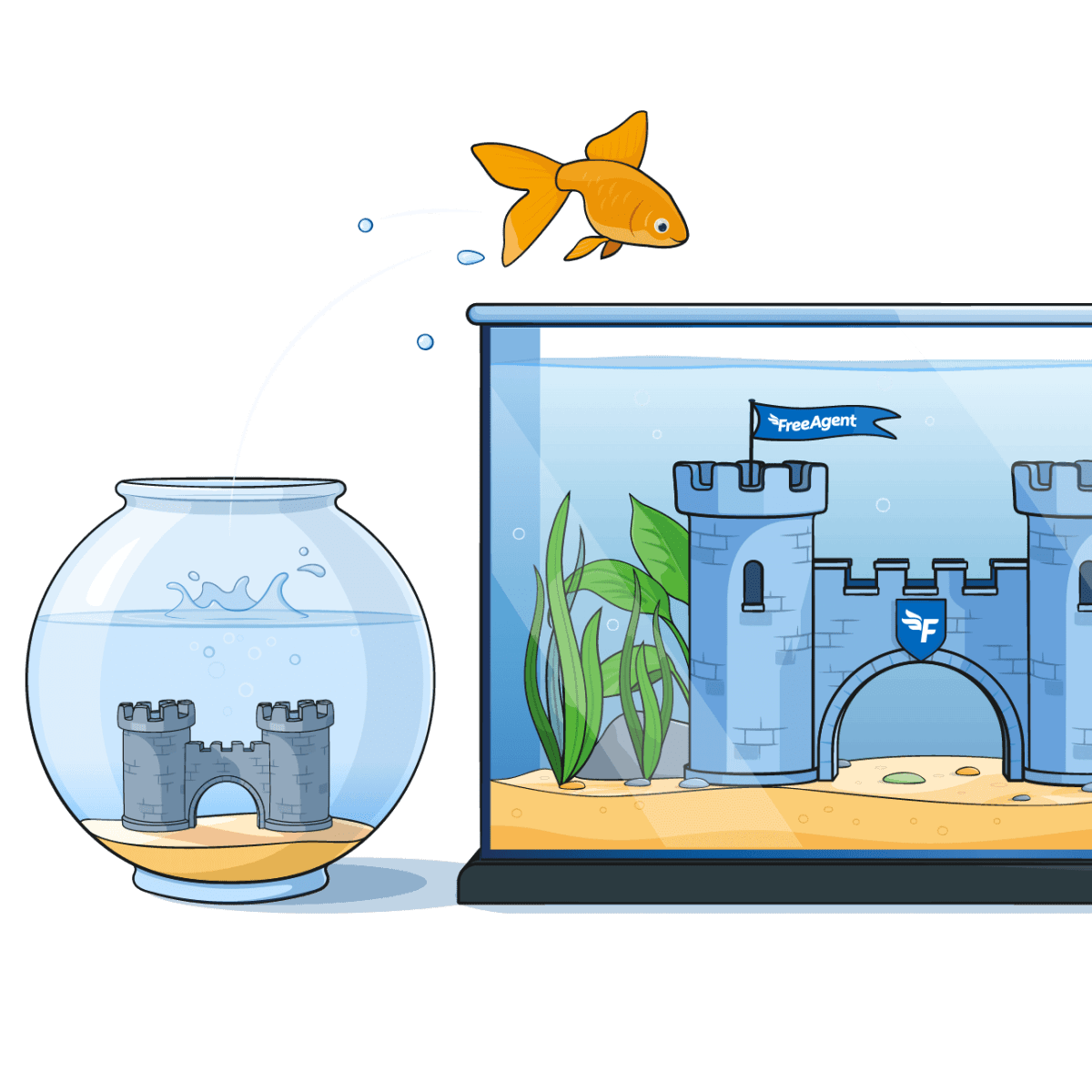 A goldfish jumping from a small fish bowl with a castle to a larger fish tank with a bigger castle.
