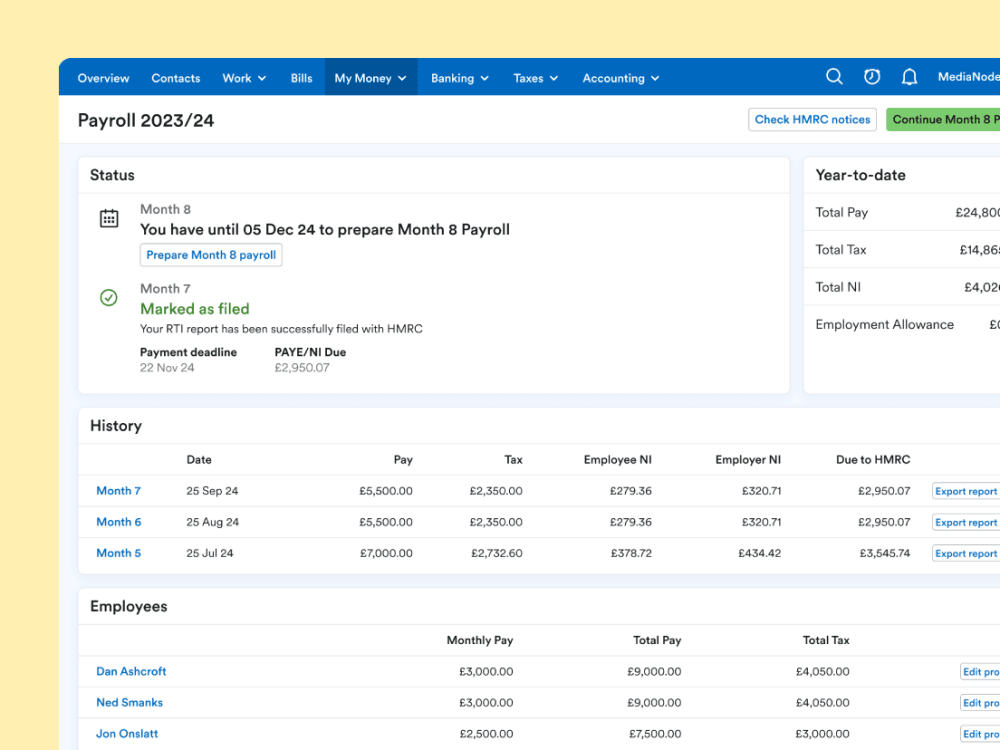 Payroll overview of all employees and RTI submissions in the FreeAgent app
