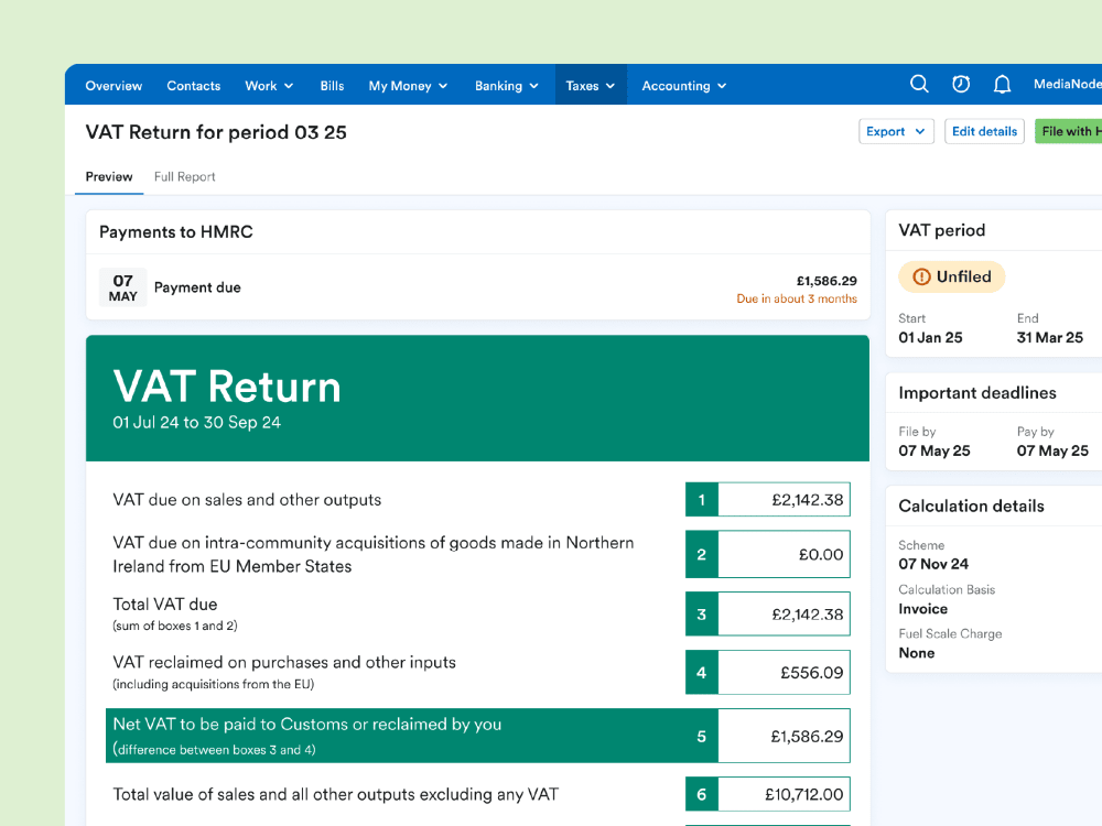 A VAT return with figures completed in the FreeAgent app.