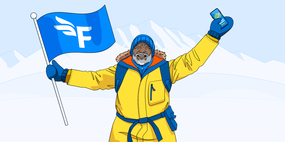 An explorer wearing cold weather gear in an icy landscape holds a FreeAgent flag and a phone displaying a green tick.