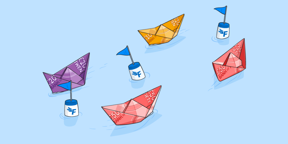 Illustration of paper boards made out of different value bank notes. The boats are sailing past small water buoys.