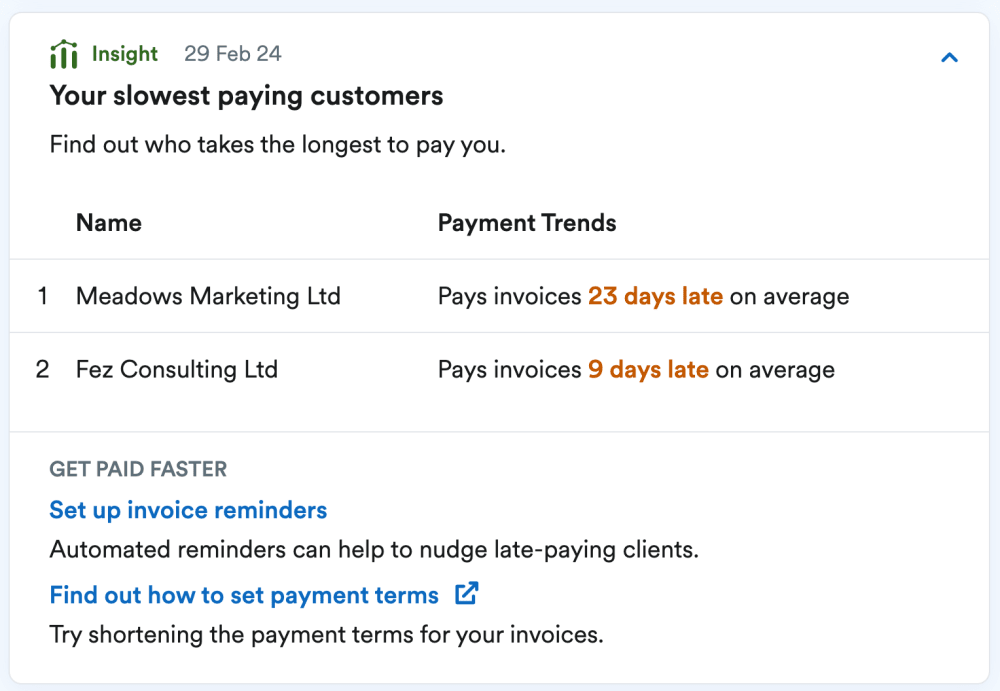 Screenshot of FreeAgent's Radar feature showing top two slowest paying clients. 